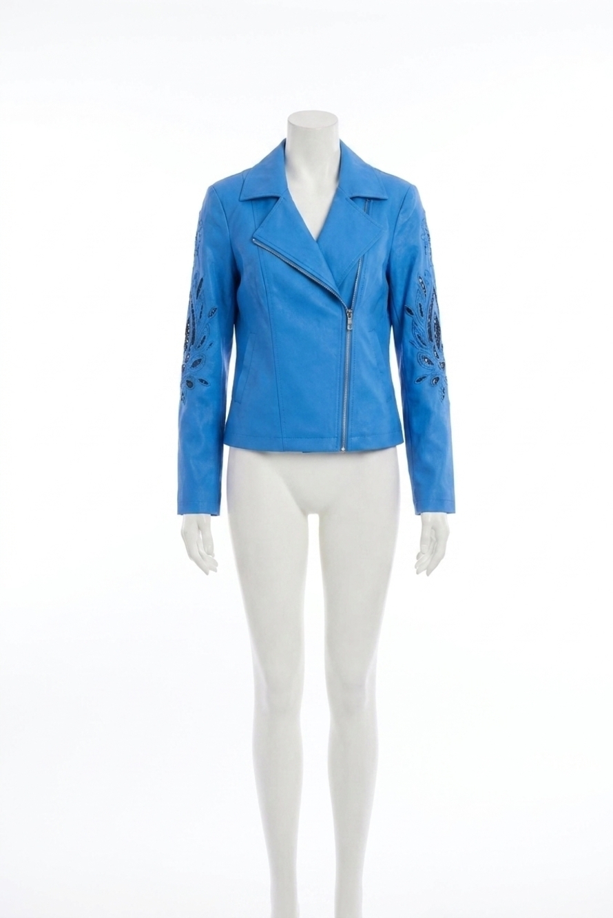 NEW JOSEPH RIBKOFF foiled faux suede moto style jacket in coastal blue